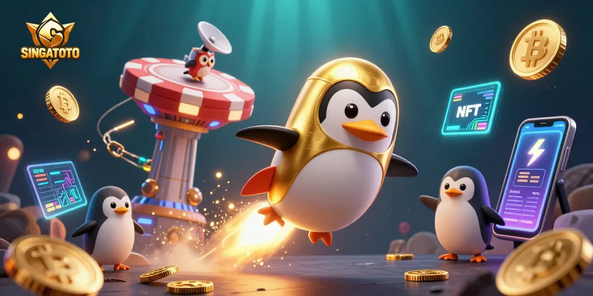 SINGATOTO memberikan pengalaman permainan seru dengan penampilan penguin emas dan elemen kasino lainnya.
