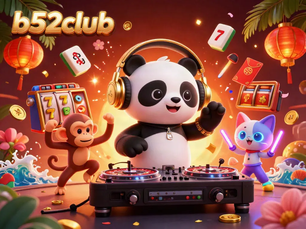 Experience the thrill of b52club with dynamic characters and vibrant casino elements in a vivid 3D illustration.
