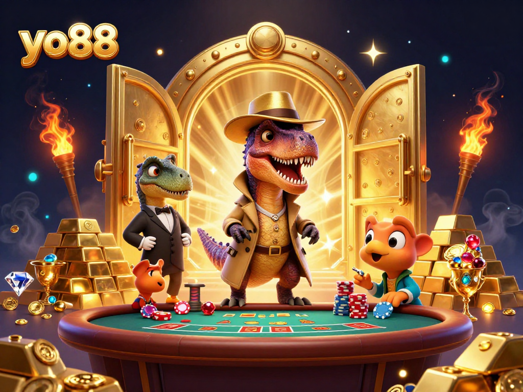 yo88 velociraptor card counter at a blackjack table creating a lively casino scene