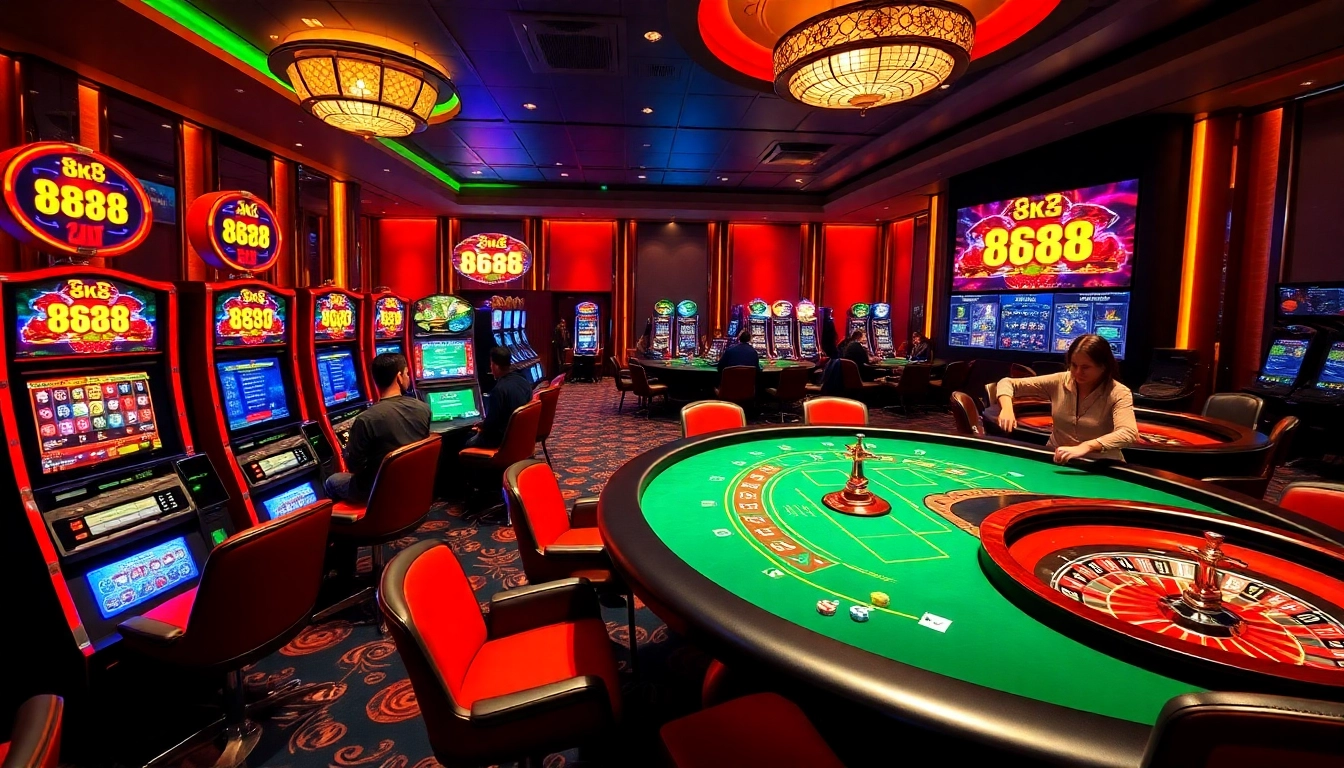 Experience thrilling gameplay at 8k8 with vibrant slot machines and engaging card tables.