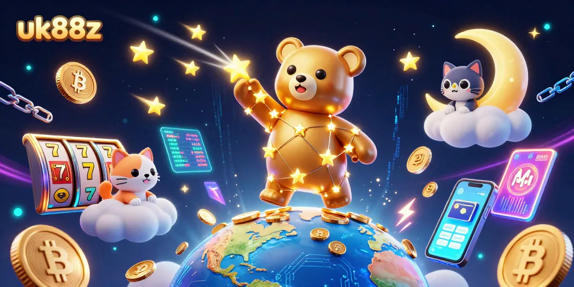 uk88z captivates players with a vibrant casino scene featuring a constellation bear and glowing coins.