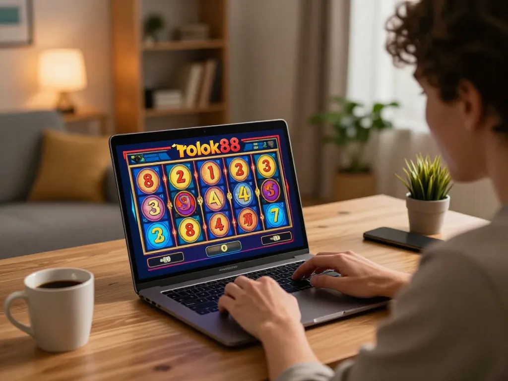 Engaged player spinning rokok88 slot reels during an online gaming session at home in a cozy atmosphere.