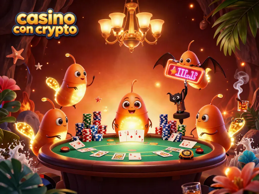 Gioca nei migliori casino con crypto circondato da elementi luminosi e un dealer pipistrello in un'illustrazione vibrante.