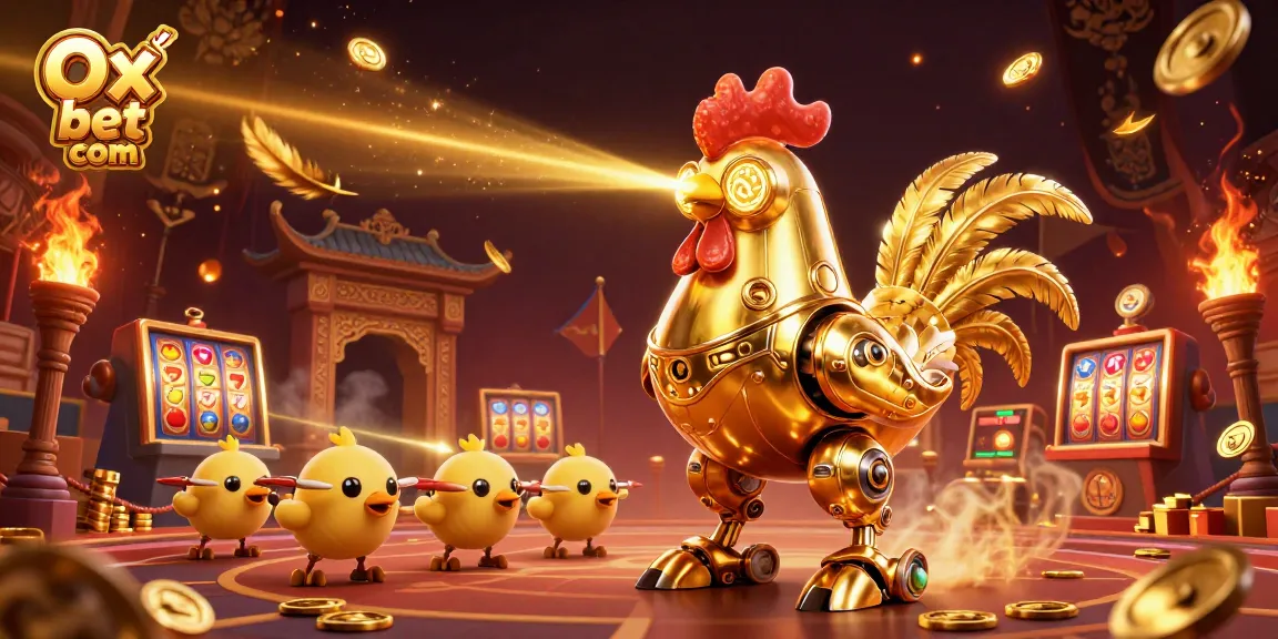 Join the action at Ox bet com with golden rooster robot, slot symbols, and exciting casino atmosphere.