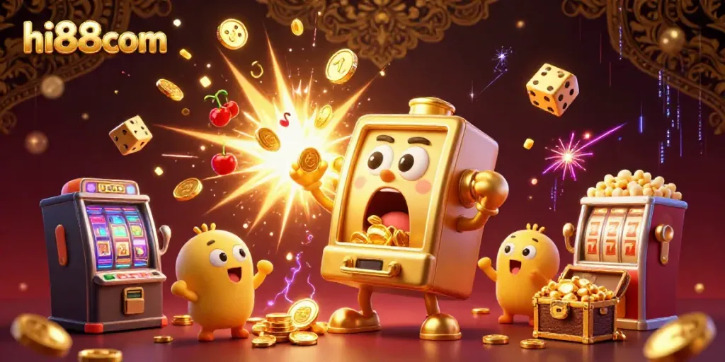 Hi88com mang lại cảm giác thắng lớn với những máy slot mang tính biểu tượng và tiền vàng bay quanh.