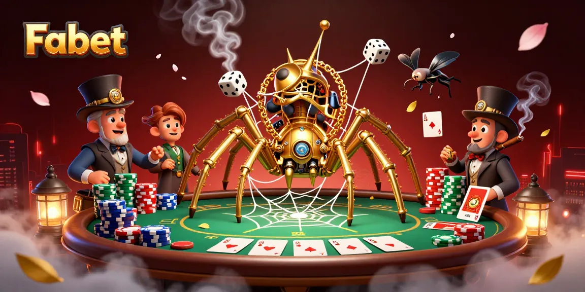 Experience Fabet's thrilling casino atmosphere with a steampunk spider and poker elements.