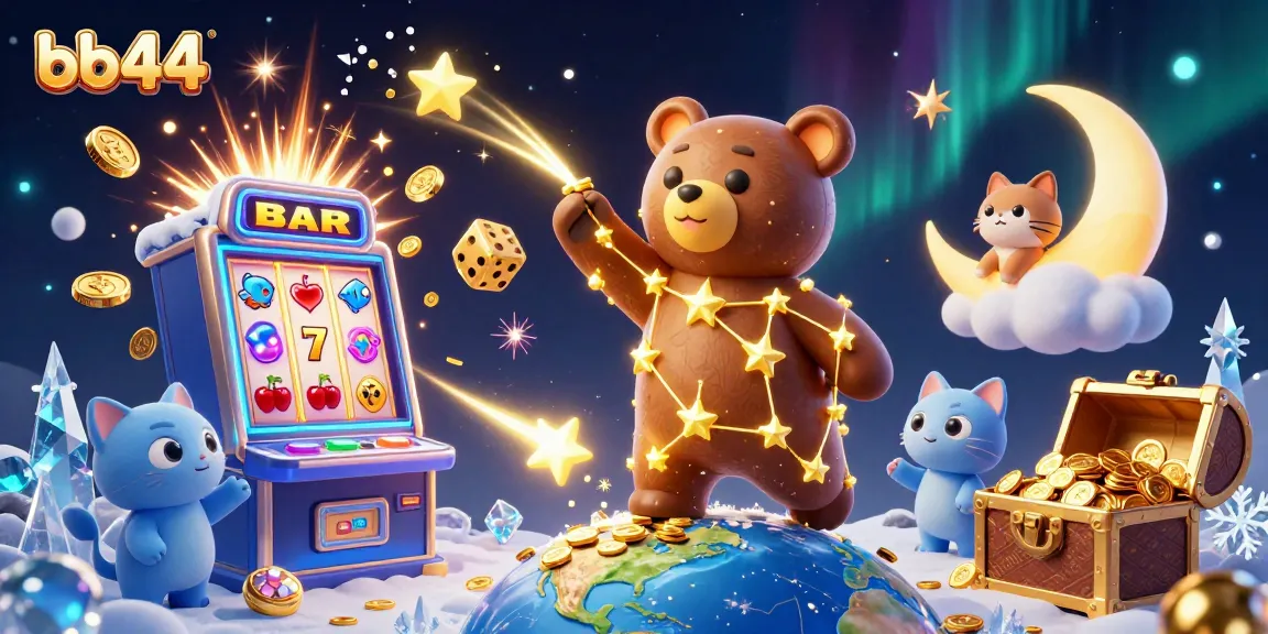 Experience the thrill of bb44 casino with a vibrant 3D scene of a constellation bear, slot machine, and more!
