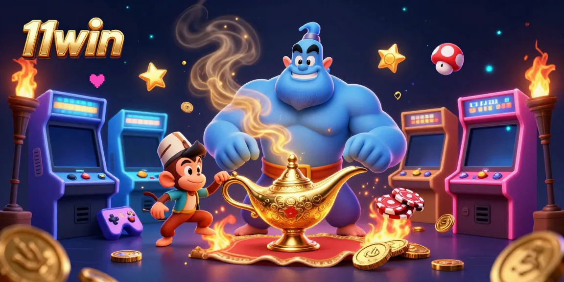 Experience thrilling action with 11win's magical casino world featuring a genie, a monkey, and vibrant game elements.