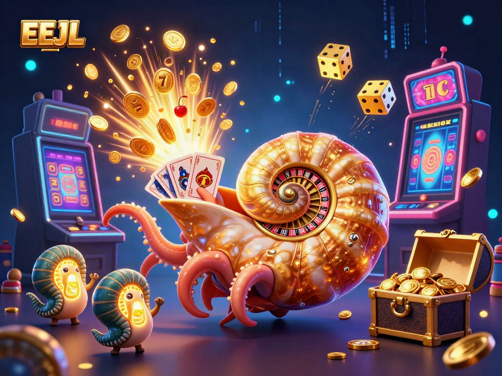 Spin and win at EEJL with a dynamic casino scene featuring a giant nautilus roulette wheel.