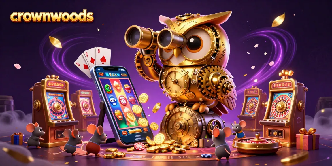 Crownwoods features a cartoon golden owl scanning the casino while tiny patrons enjoy slots.