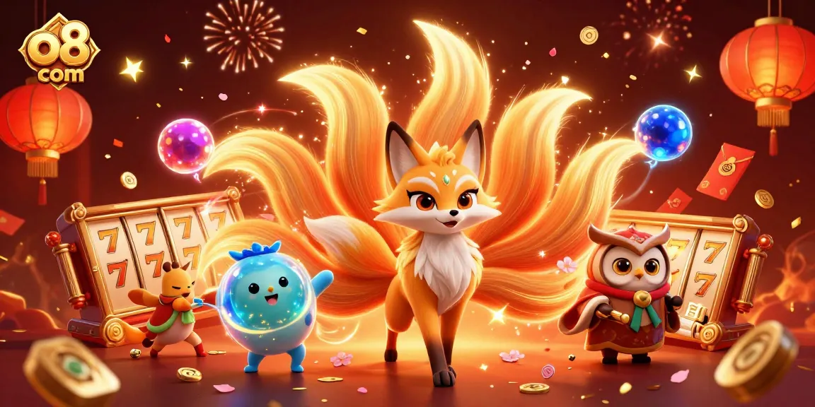 Experience the excitement of o8 com with vibrant slot reels and lucky symbols in a magical scene.