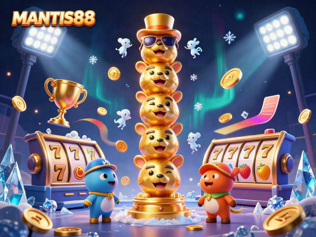 MANTIS88 showcases a vibrant 3D illustration capturing thrilling online slots and casino elements.
