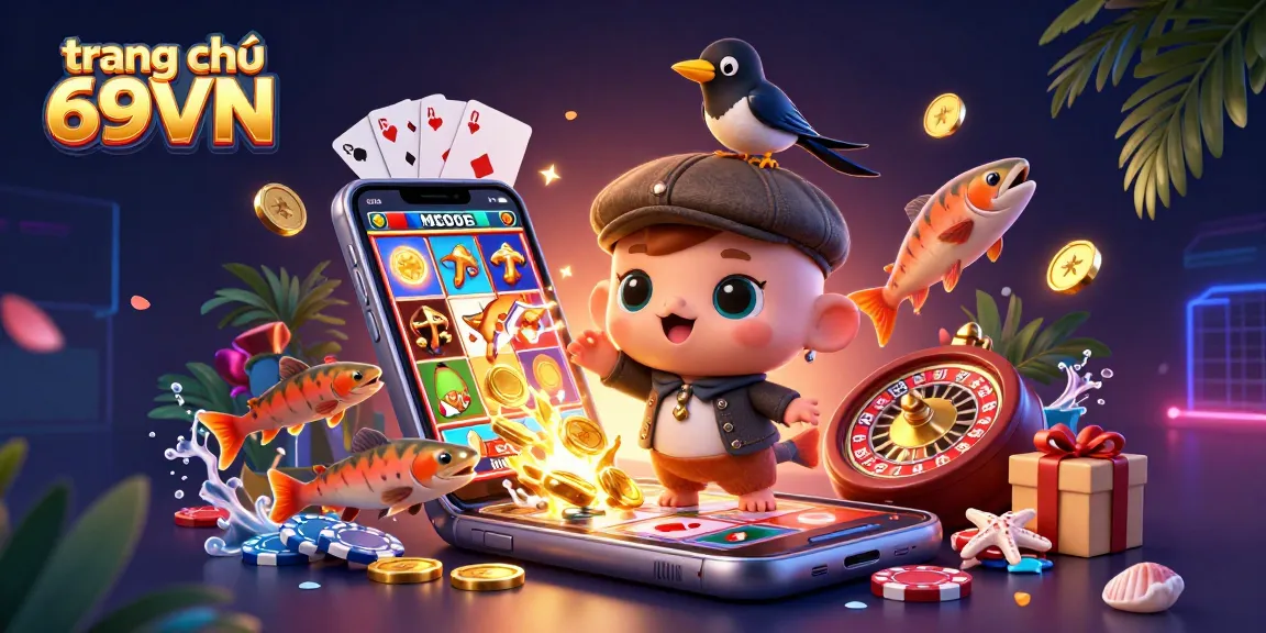 Engage with fun at trang chủ 69VN, featuring playful characters in an exciting casino-themed scene.