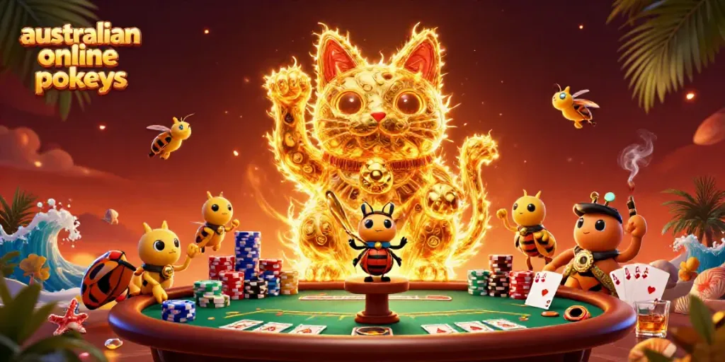Experience the excitement of australian online pokies with a vibrant 3D illustration featuring a lucky cat and casino elements.