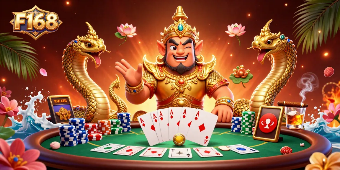 Bet on F168 with a vibrant 3D illustration showcasing poker action and mythical guardians.