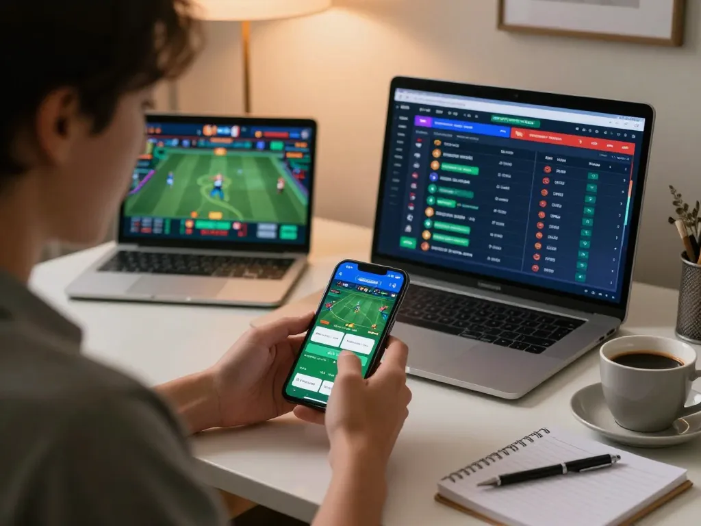 Kèo nhà cái hôm nay showcased in a comfortable online betting setup, focusing on sports betting interface and decision-making.