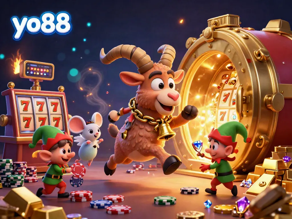 Experience the excitement of yo88 casino with festive characters and dynamic gaming elements in an ultra-detailed scene.