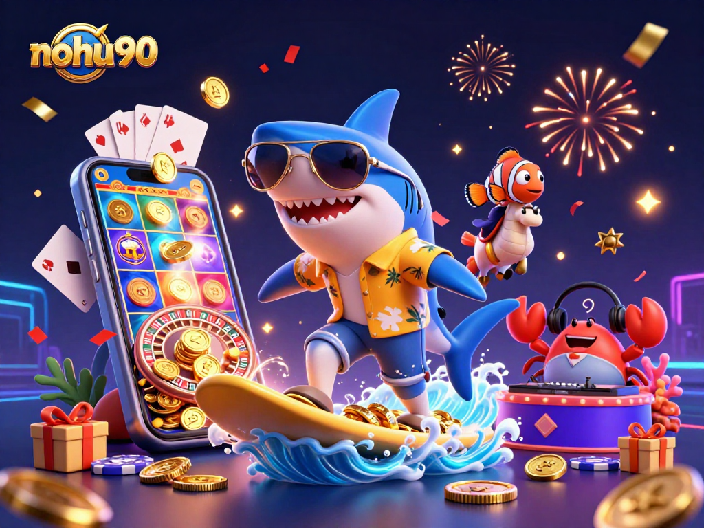 Join the fun at nohu90 as a shark surfs a wave of gold coins in this vibrant casino scene.
