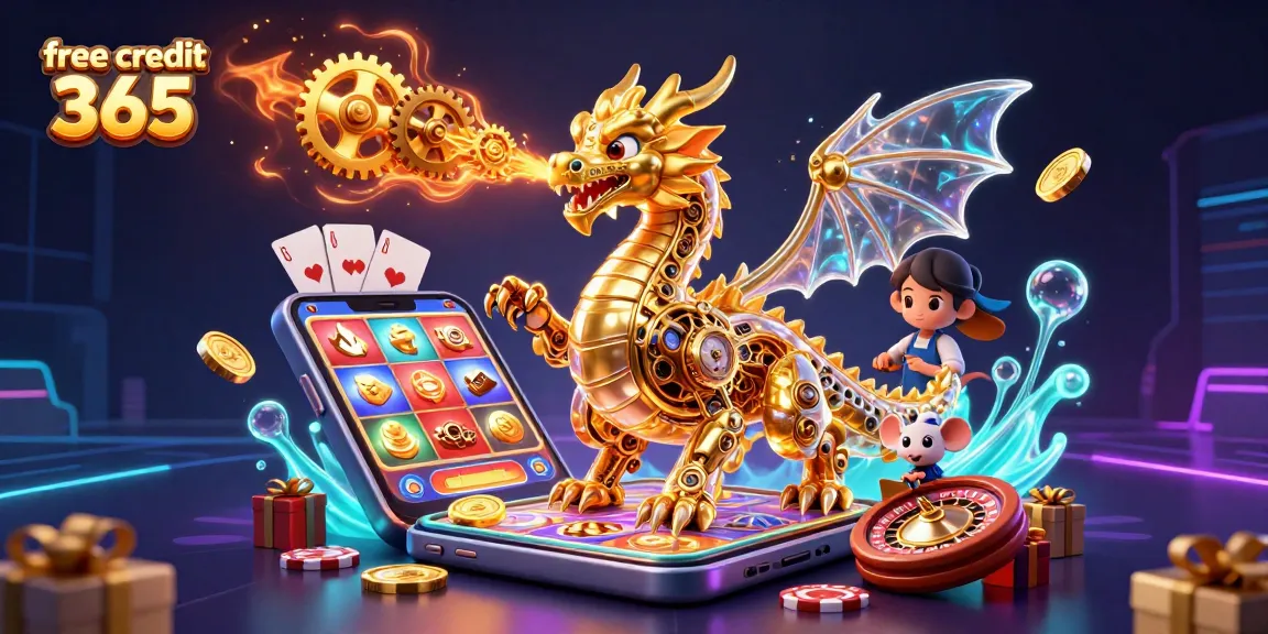 Engage with vibrant gaming action in the free credit 365 scene, featuring a golden dragon and casino elements.