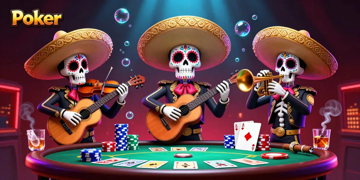Engaging poker scene featuring colorful skeleton mariachi band and vibrant gaming elements.