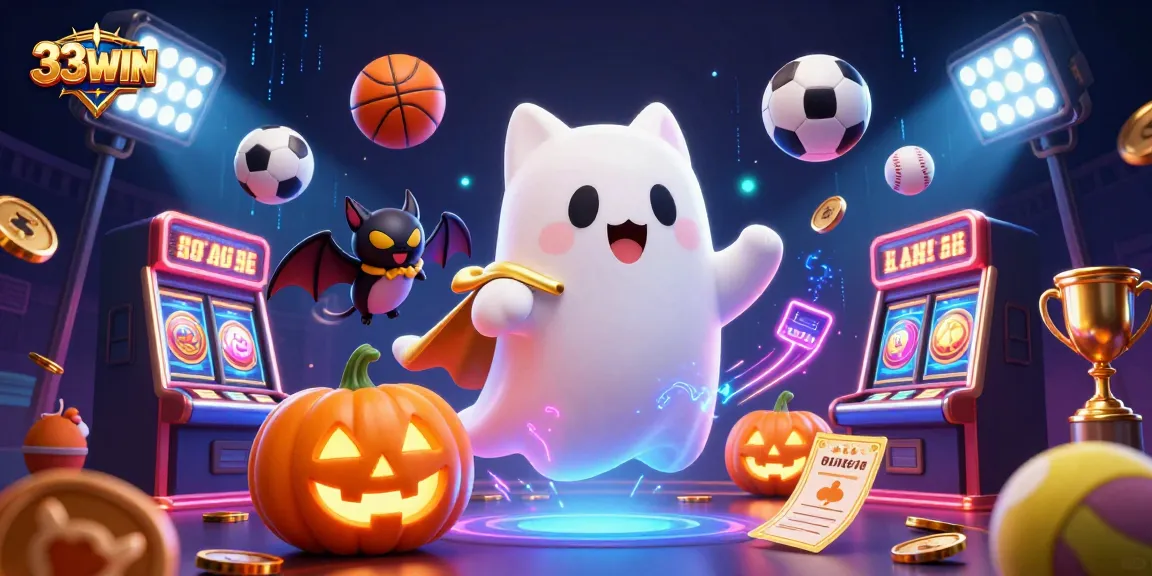 Engage with 33WIN's thrilling casino scene featuring a ghost cat and a vampire bat amidst dynamic games.