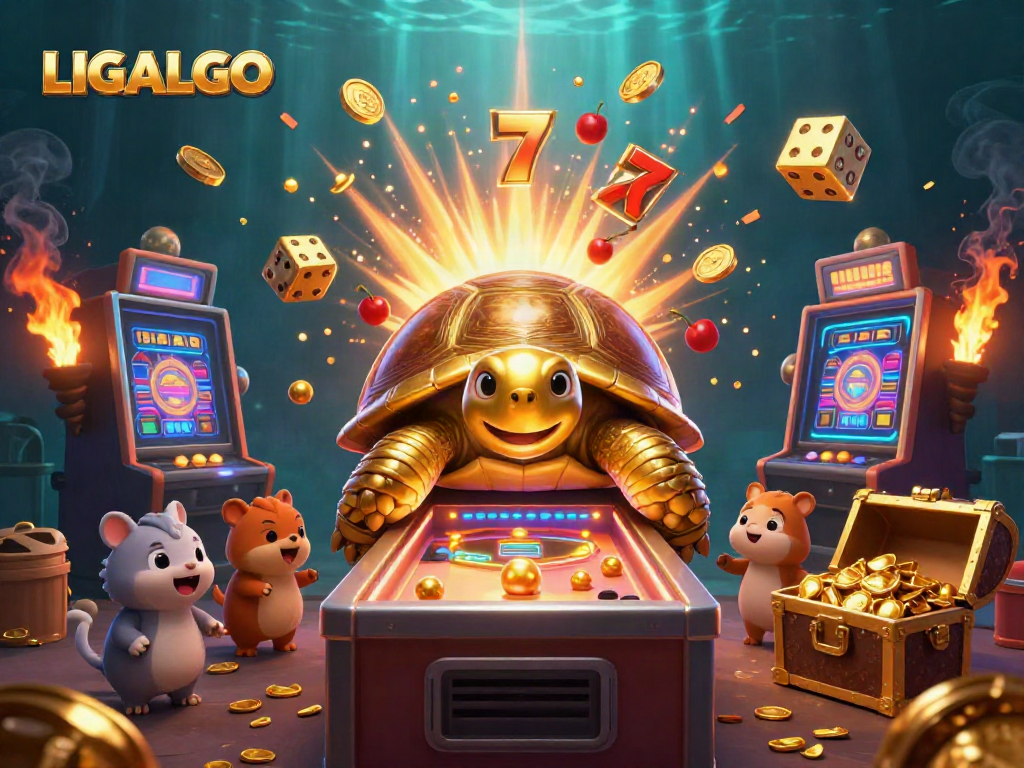 LIGALGO’s engaging platform features a colossal golden tortoise pinball machine alongside a festive slot machine experience.