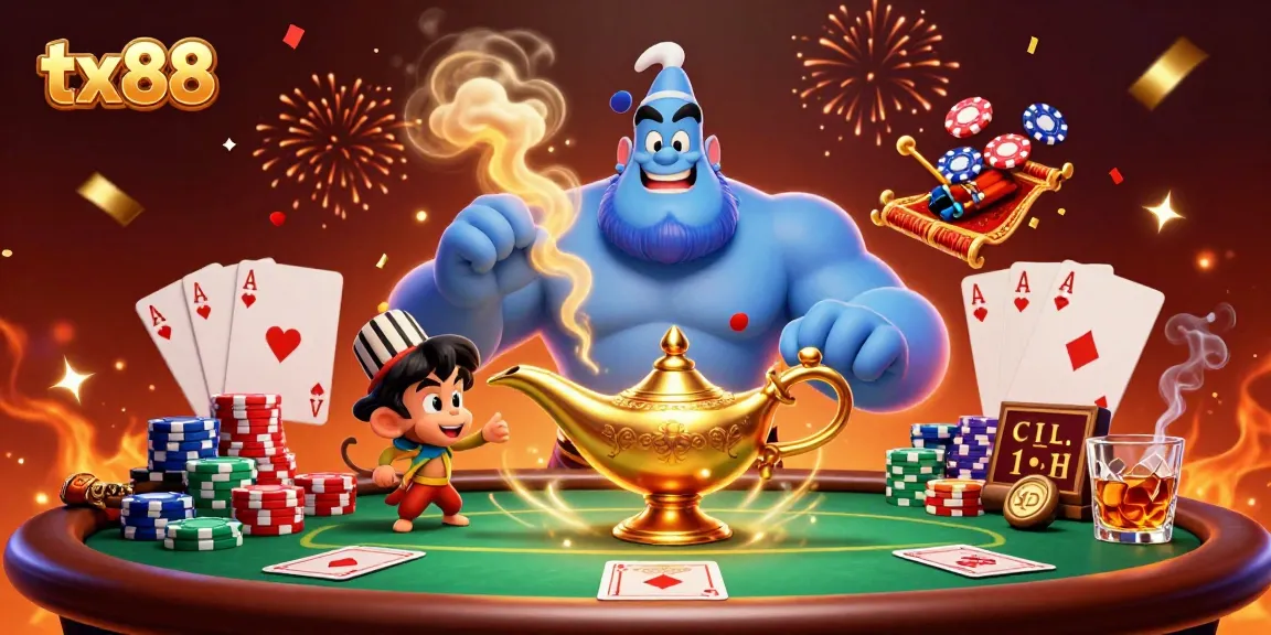 Engage with tx88's exciting casino atmosphere featuring a powerful genie and poker elements.