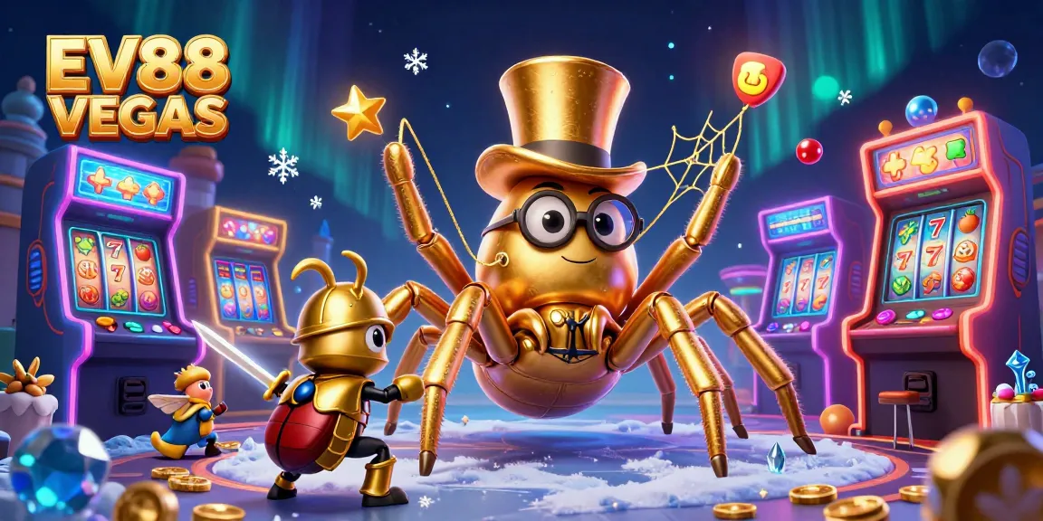 Spin the reels at EV88 VEGAS with a vivid 3D illustration showcasing a lively casino scene.