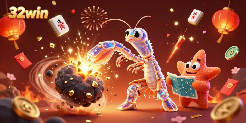Experience the excitement of 32win with galactic characters celebrating amidst golden coins and festive elements.