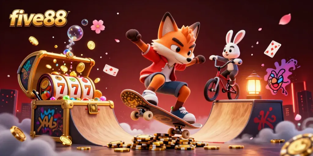 Experience the excitement of five88 casino games with a vibrant skateboard scene featuring dynamic characters and symbols.