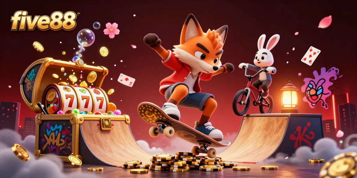 Experience the excitement of five88 casino games with a vibrant skateboard scene featuring dynamic characters and symbols.