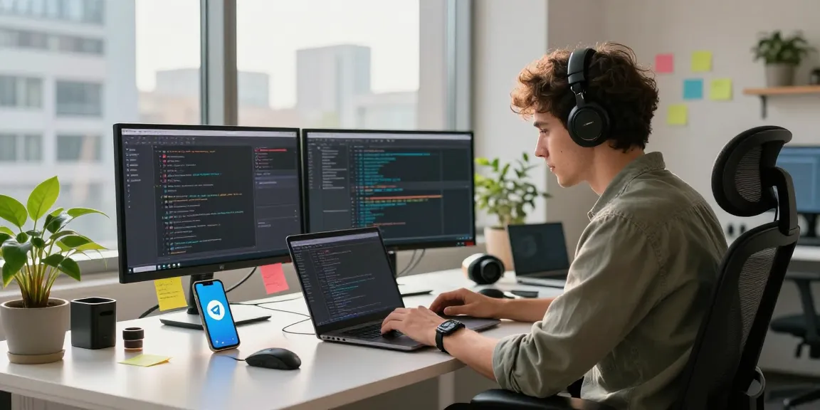 Engaging coding environment showcasing Telegram Download on multiple screens.