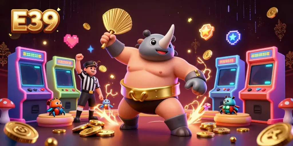 Watch E39's powerful rhinoceros beetle sumo champion stomp and scatter golden coins, embodying casino thrills.