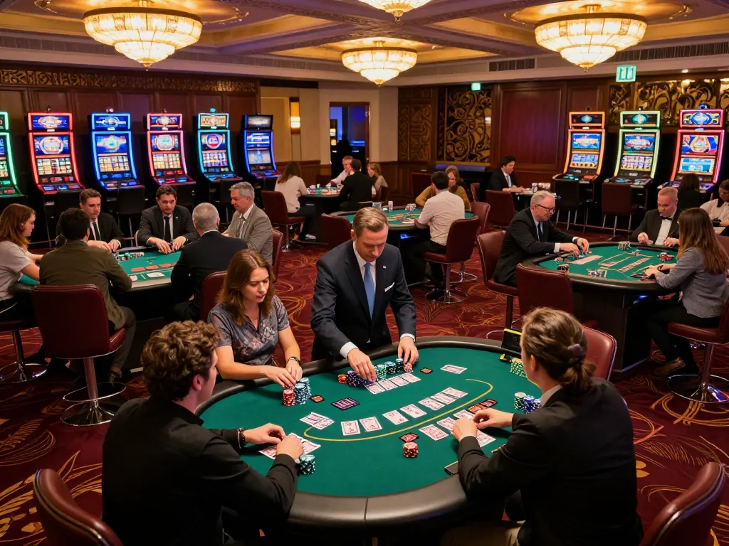 Players engaging in a thrilling blackjack game at keonhacai8 casino, illuminated by luxurious chandeliers.