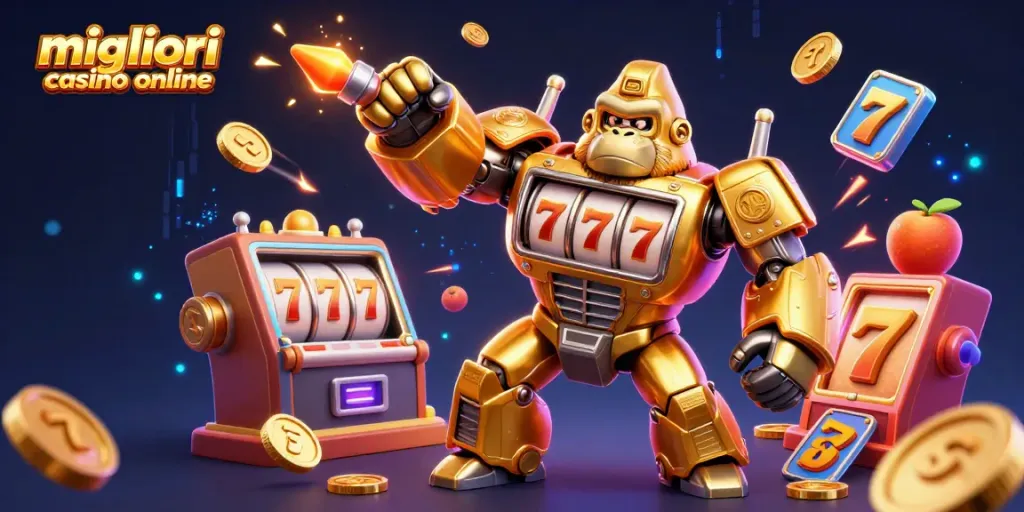 Gioca nei migliori casino online mentre il gorilla dorato meccanico lancia monete e jackpot.