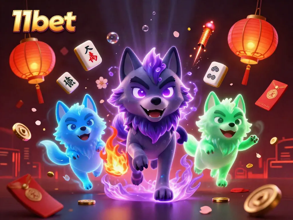 Experience the thrilling ambiance of 11bet with energetic wolves amidst a vibrant casino backdrop.