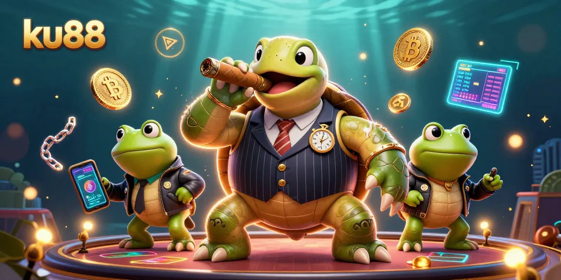 Engage with ku88's thrilling casino atmosphere featuring a turtle in a mobster suit with crypto elements.