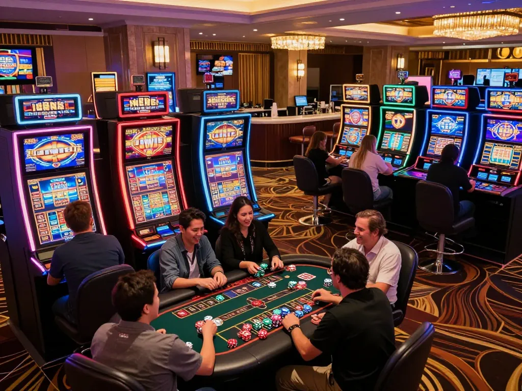 Players enjoying thrilling games at TR88 casino with vibrant slot machines lighting up the floor.