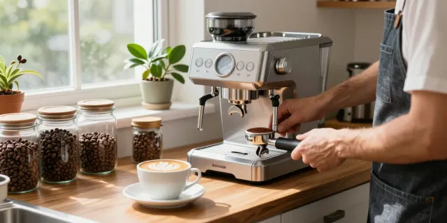 Barista using ROKOK88 super espresso machine to prepare coffee with stylish décor.