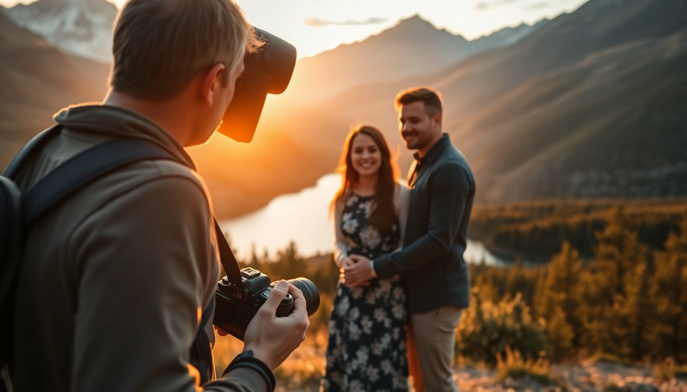 Destination photographer capturing an intimate moment for a couple in a scenic landscape.