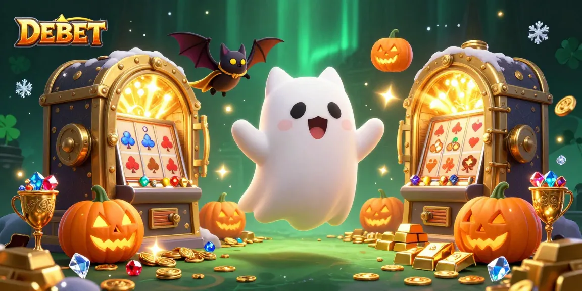 Engage with DEBET's thrilling casino games featuring a friendly ghost cat and treasure elements.
