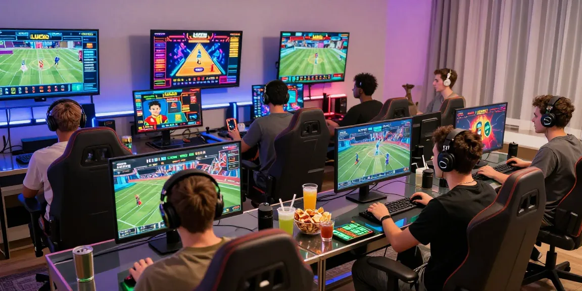 LUCK8 gaming experience with players engaged in sports betting and casino games in a lively setting.