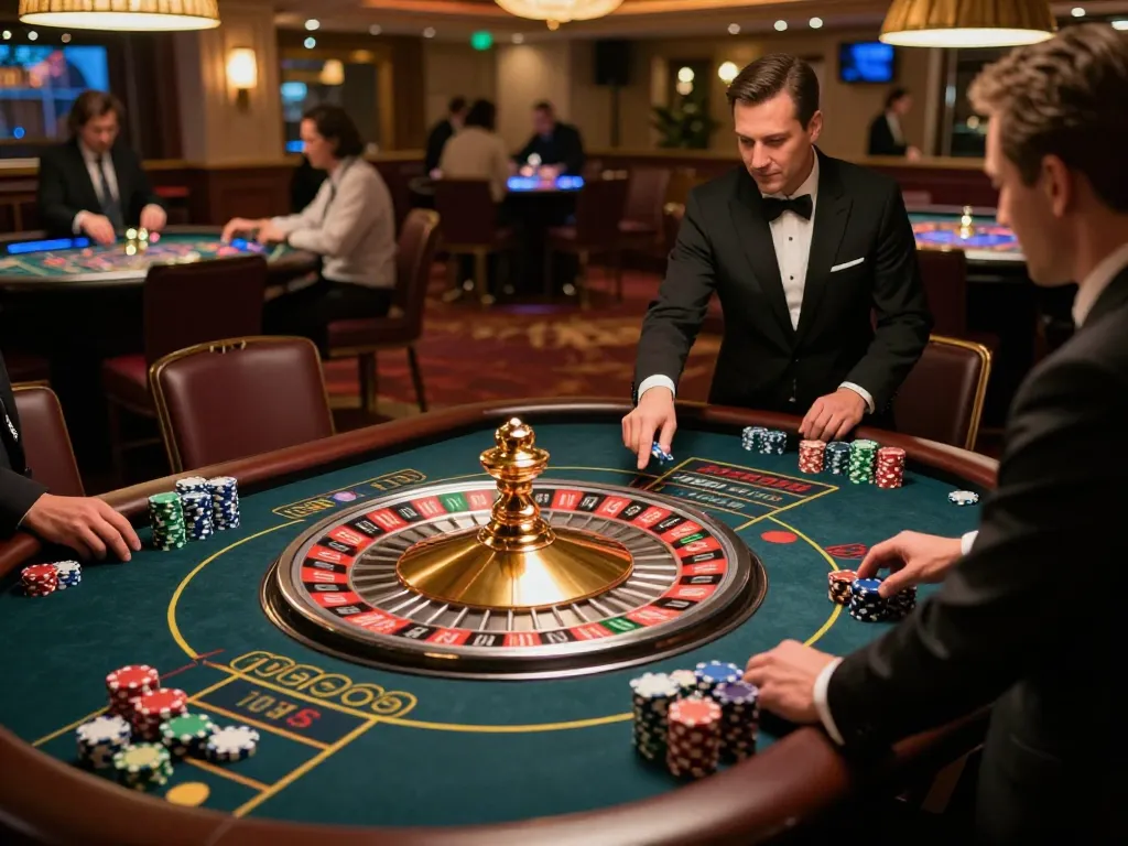 Players enjoy an exciting roulette game at god55 casino, showcasing vibrant colors and lively atmosphere.