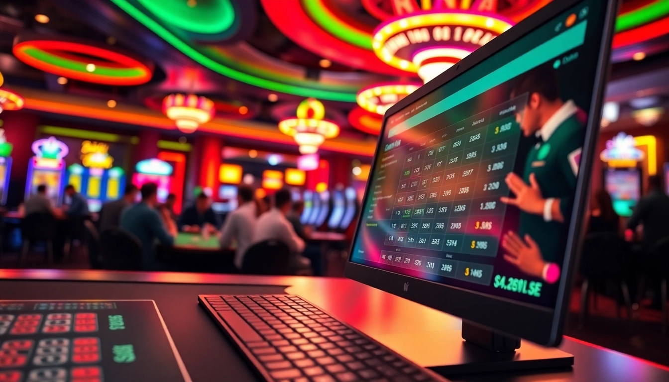 Using a Casino Payout Calculator interface in a lively casino environment to visualize payouts.