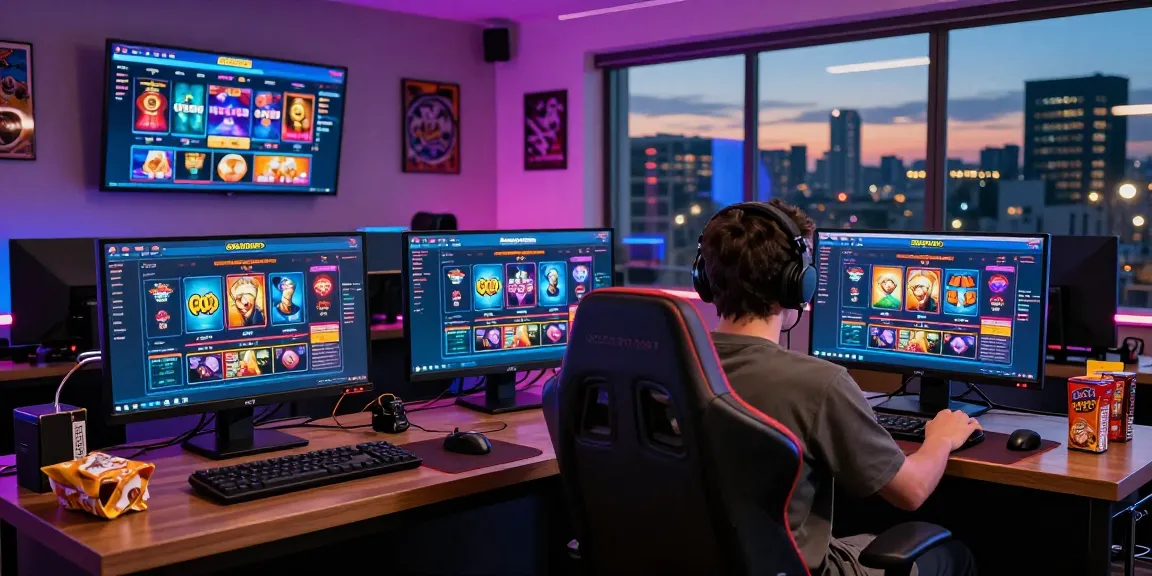 Exciting go99 online gaming setup featuring a player engaged in casino games with multiple screens and vibrant lighting.