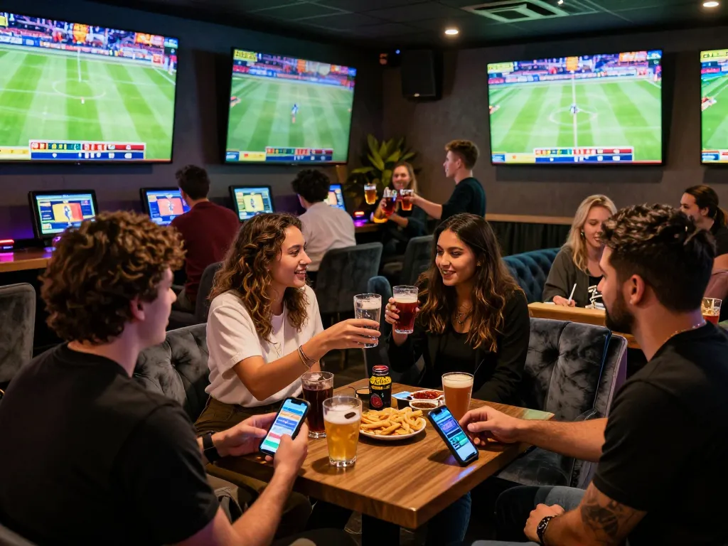 Nohu sports betting lounge capturing excitement as friends place bets and celebrate victories.