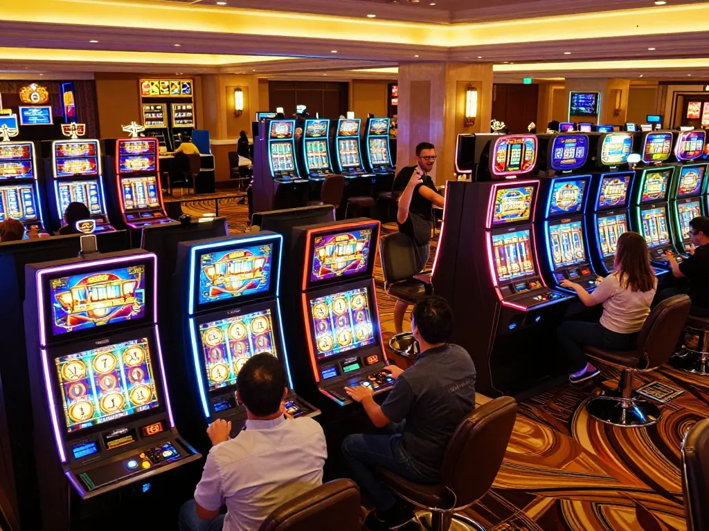 Players engaging with vibrant SLOT machines in a luxury casino atmosphere