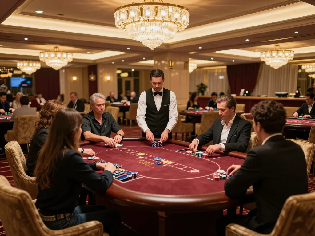 壹發娛樂 VIP gaming scene with high-stakes poker players in an upscale casino atmosphere.
