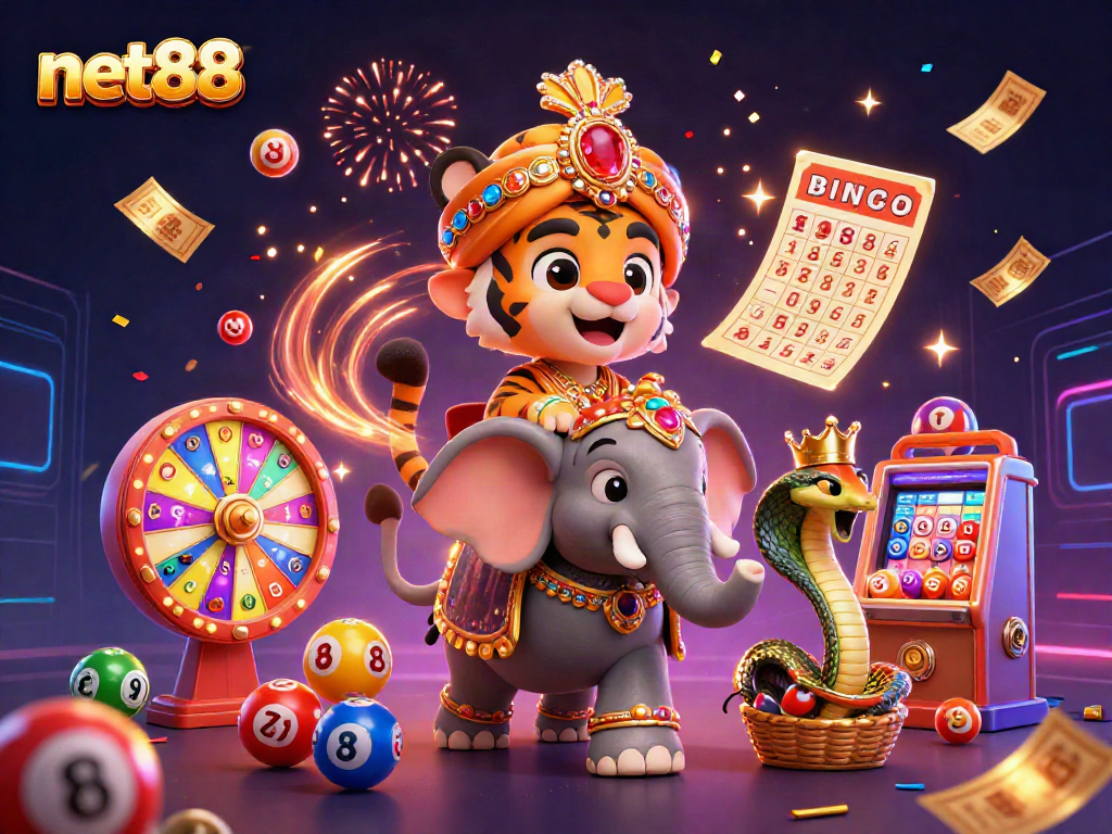 Engage in thrilling gambling action with net88's lively 3D casino illustration featuring vibrant characters.