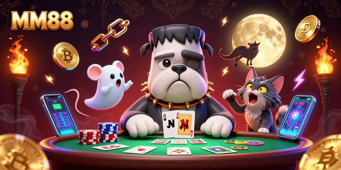 MM88 gaming scene showcasing a whimsical 3D Bulldog dealer amidst poker chips and ghostly elements.